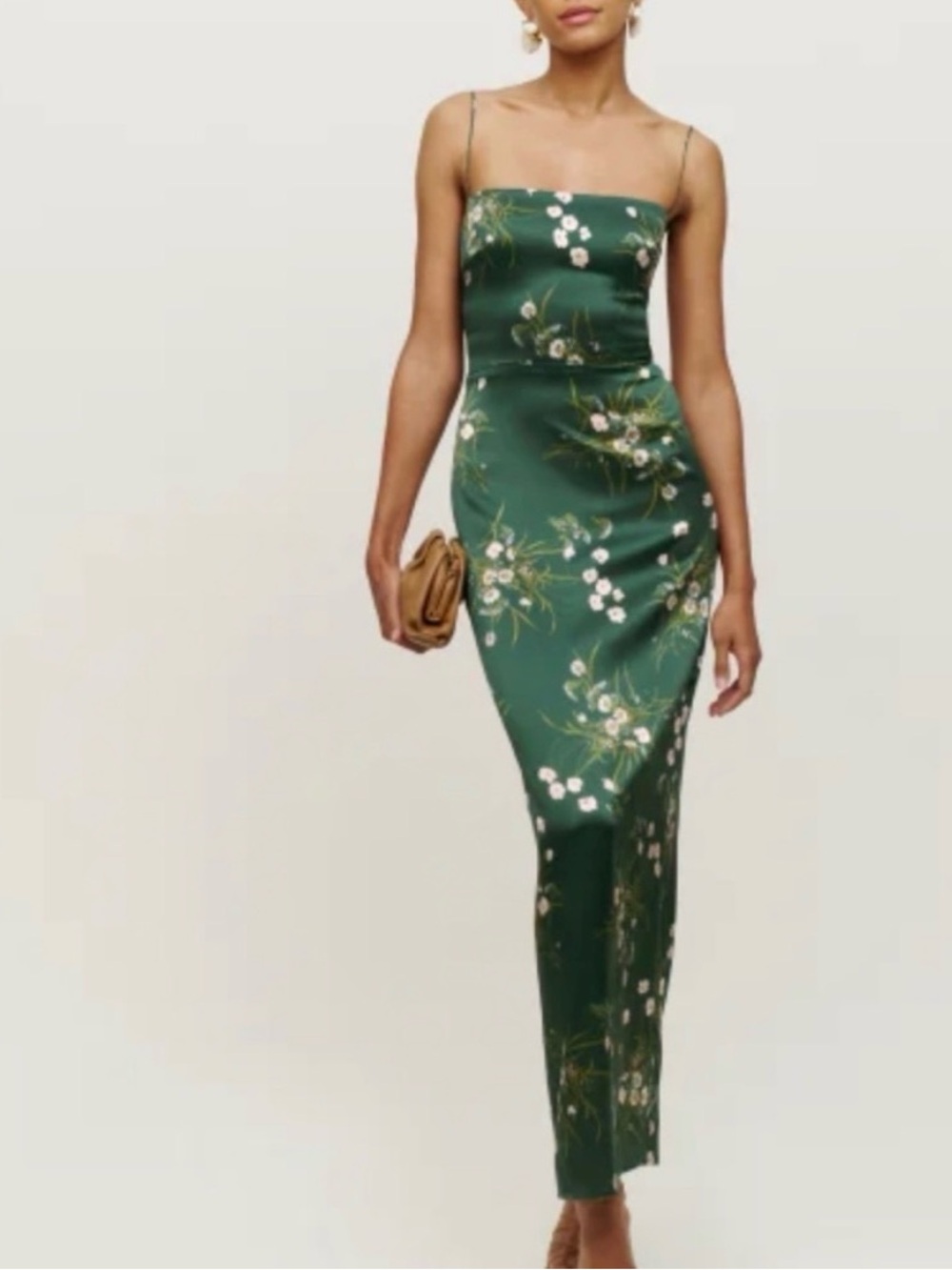 Reformation Frankie Dress - Green Floral Satin Slip Dress with Spaghetti Straps